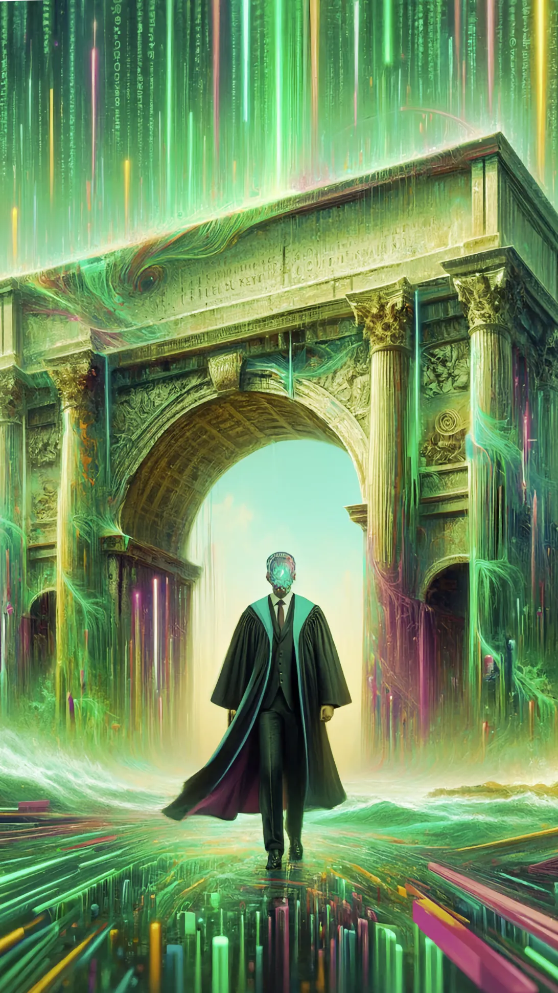 an ai lawyer standing in front of the golden gate in Pula